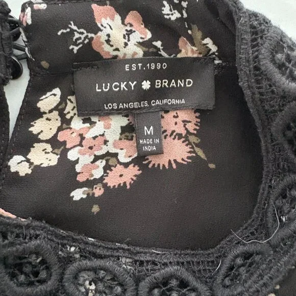 Lucky Brand Semi-Shear Blouse Black w/Pink Floral Size Medium EUC - Picture 10 of 10